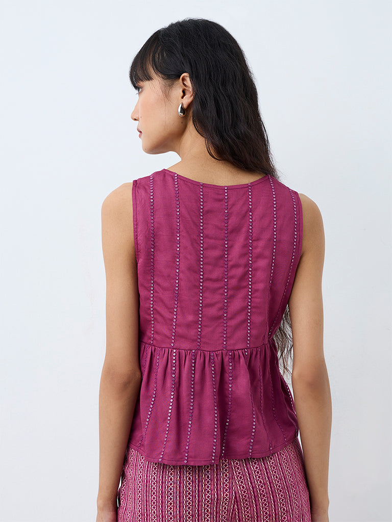 Bombay Paisley Magenta Sequin Embellished Peplum Top