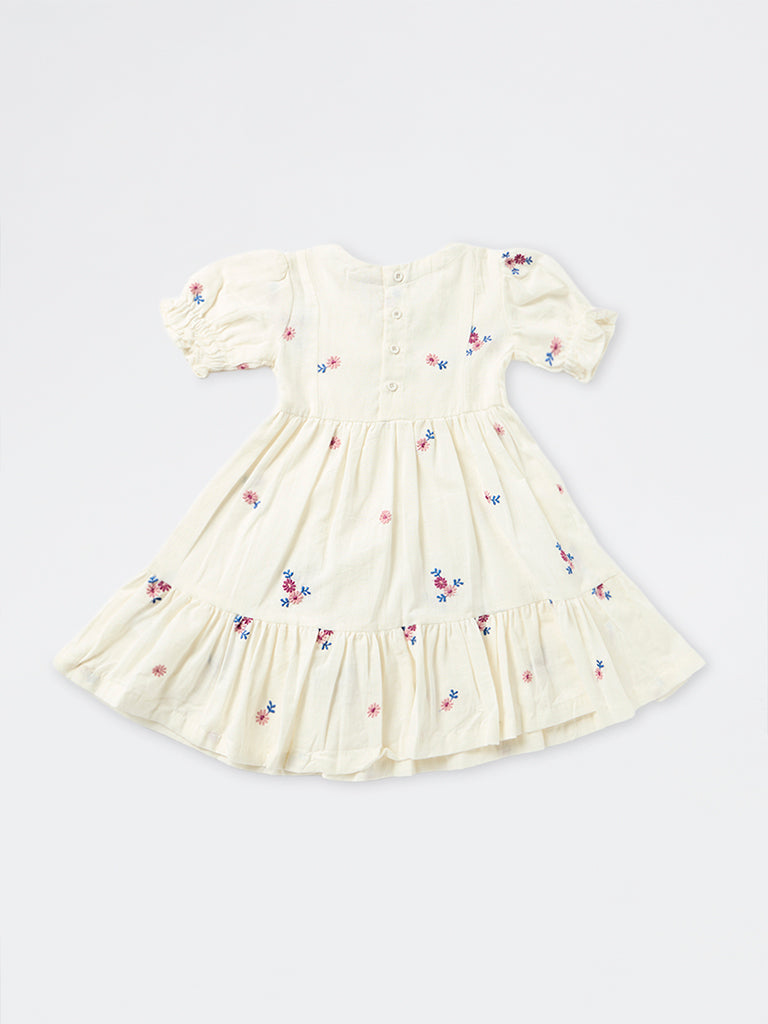 Utsa Kids Girls Off-White Floral Embroidered Cotton-Blend Fit-and-Flare Dress - (2-8 yrs)