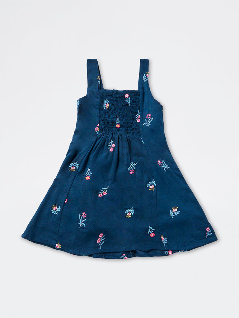 Utsa Kids Girls Dark Blue Floral Embroidered A-Line Dress - (2-8 yrs)