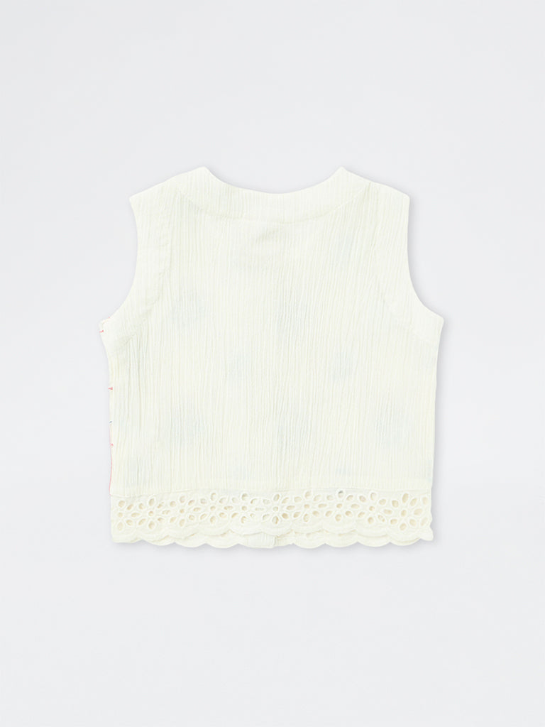 Utsa Kids Girls Off-White Floral Embroidered Cotton Top (2-8 yrs)