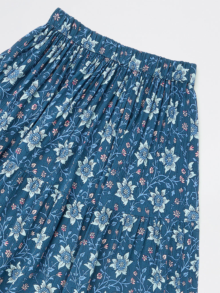Utsa Kids Girls Dark Blue Floral Printed Tiered Skirt (8-14 yrs)