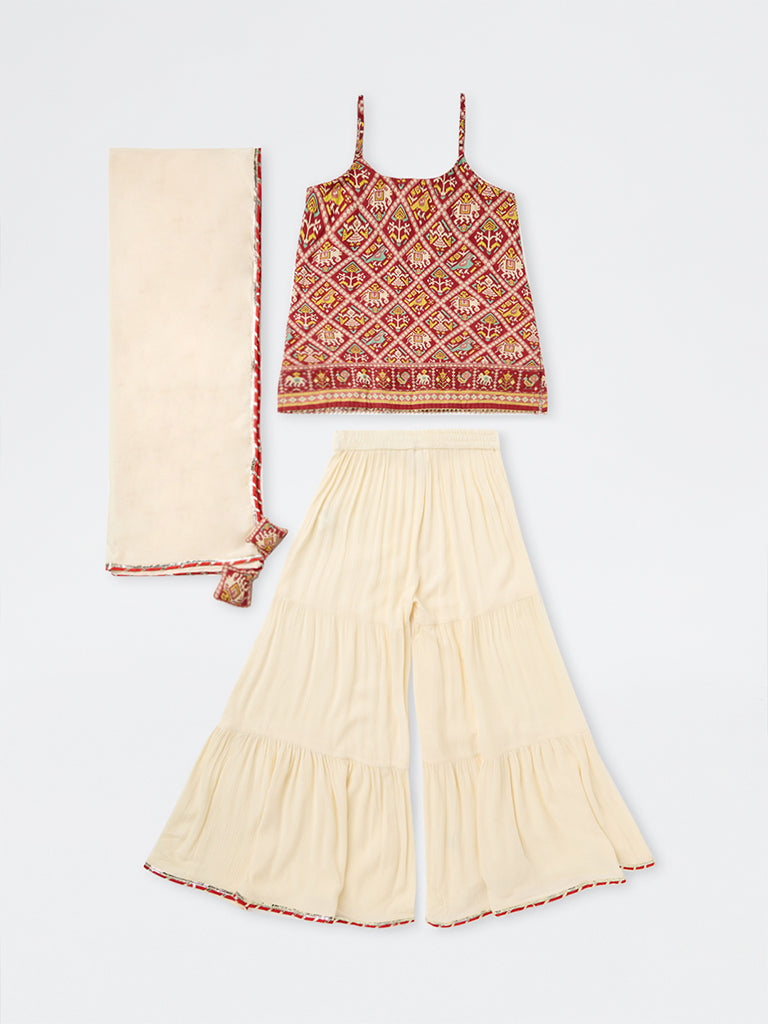 Utsa Kids Girls Red Printed Cotton Kurta with Sharara Set (8-14 yrs)