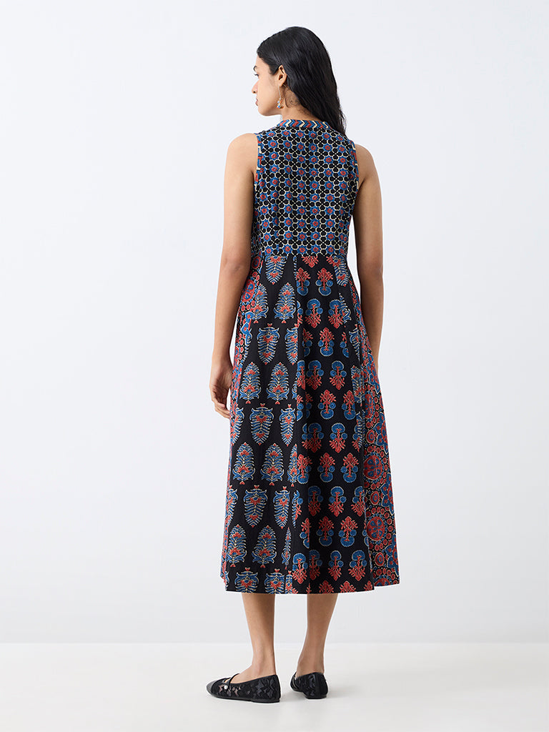 Utsa Black Floral Printed Cotton A-Line Dress