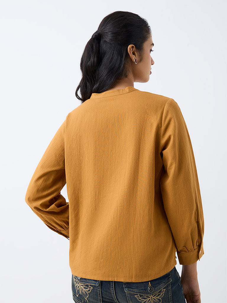 Utsa Mustard Floral Embroidered Cotton-Blend Top