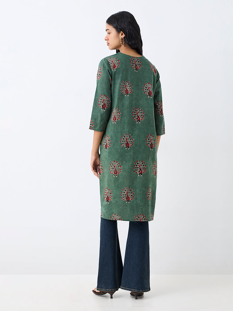 Utsa Dark Green Bird Printed Cotton Straight Kurta