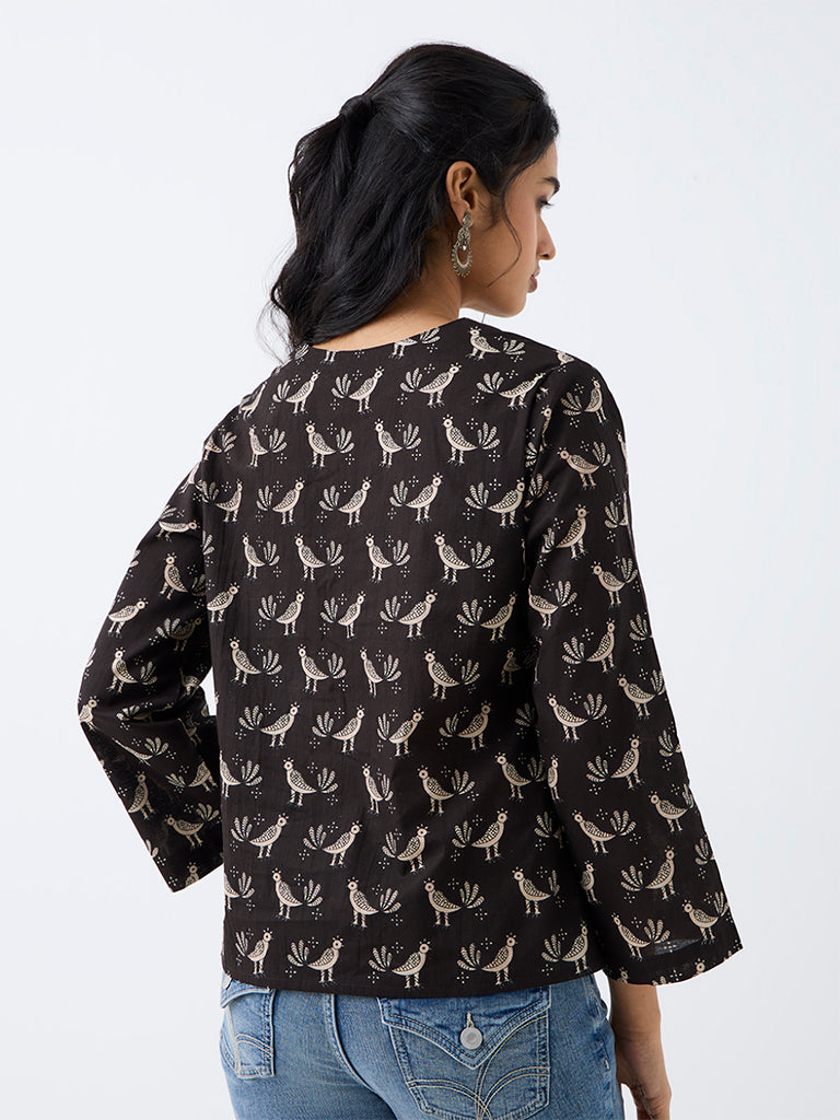 Utsa Black Bird Printed Cotton Tunic