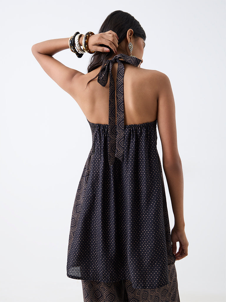 Utsa Black Mandala Printed Halter-Neck Kurti