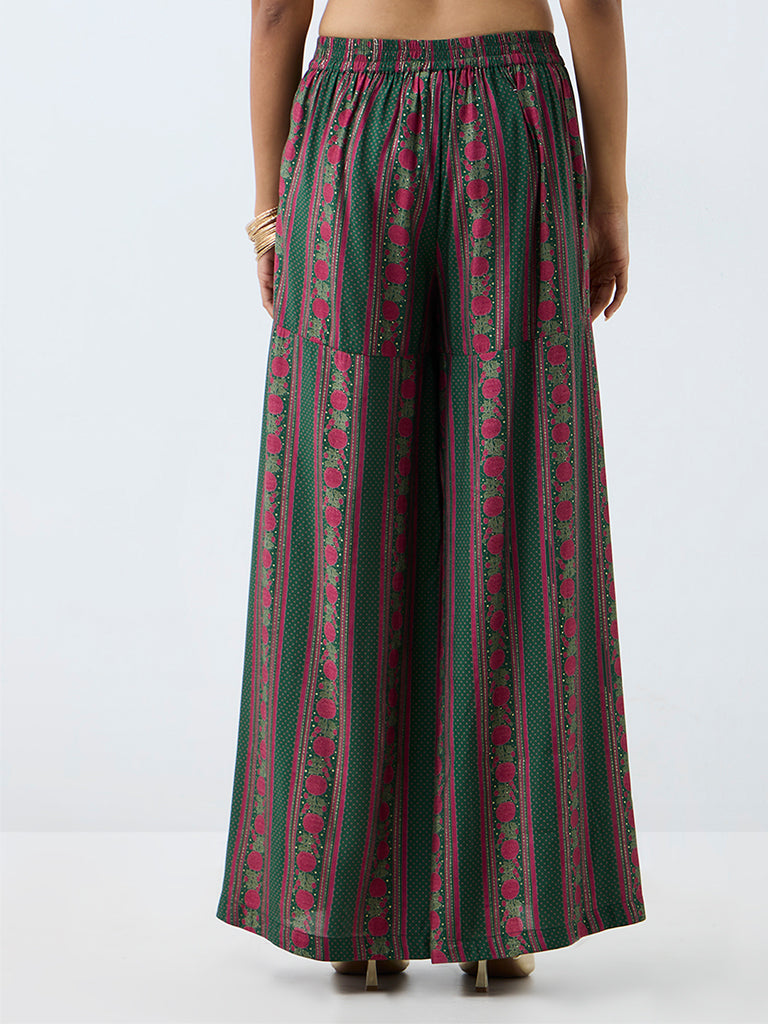 Utsa Green Floral Printed Flared Palazzos