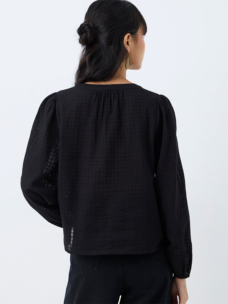 Bombay Paisley Black Floral Embroidered Cotton Blouse