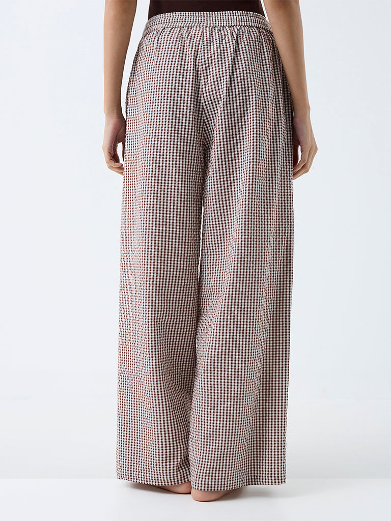 Wunderlove Brown Gingham Checkered High-Rise Cotton Pants