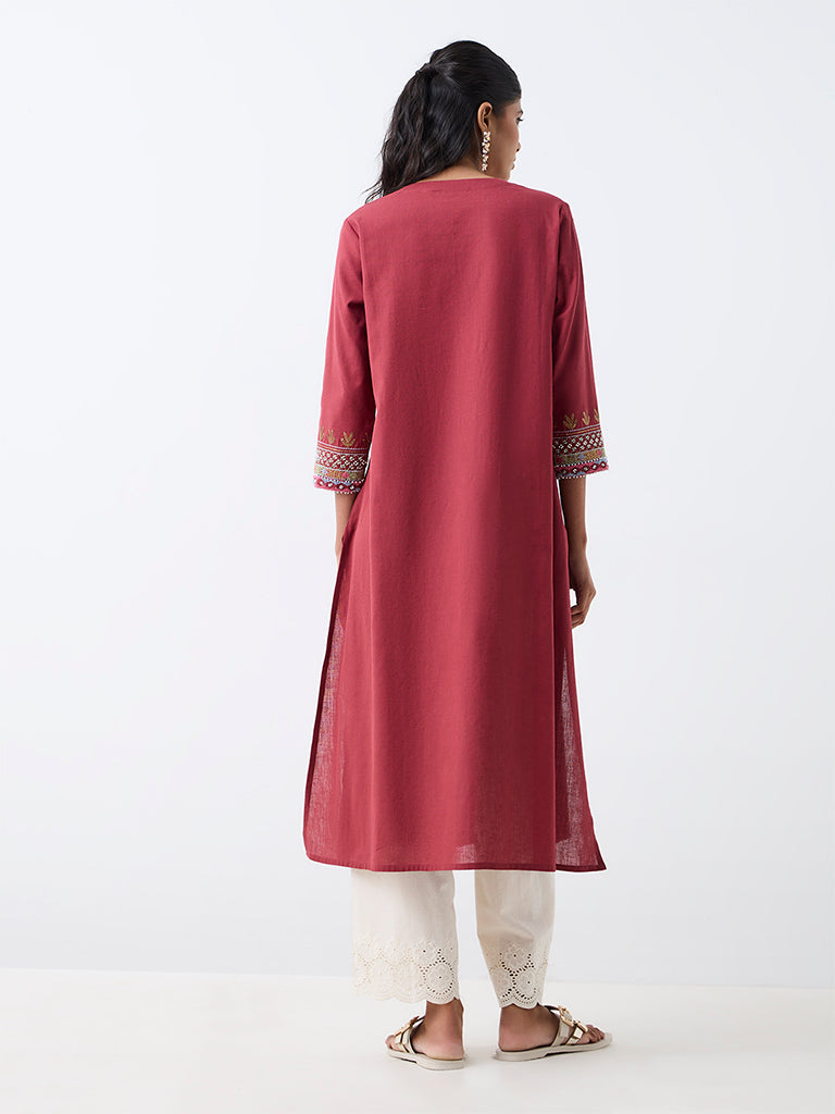 Utsa Red Embroidered Cotton-Blend A-Line Kurta