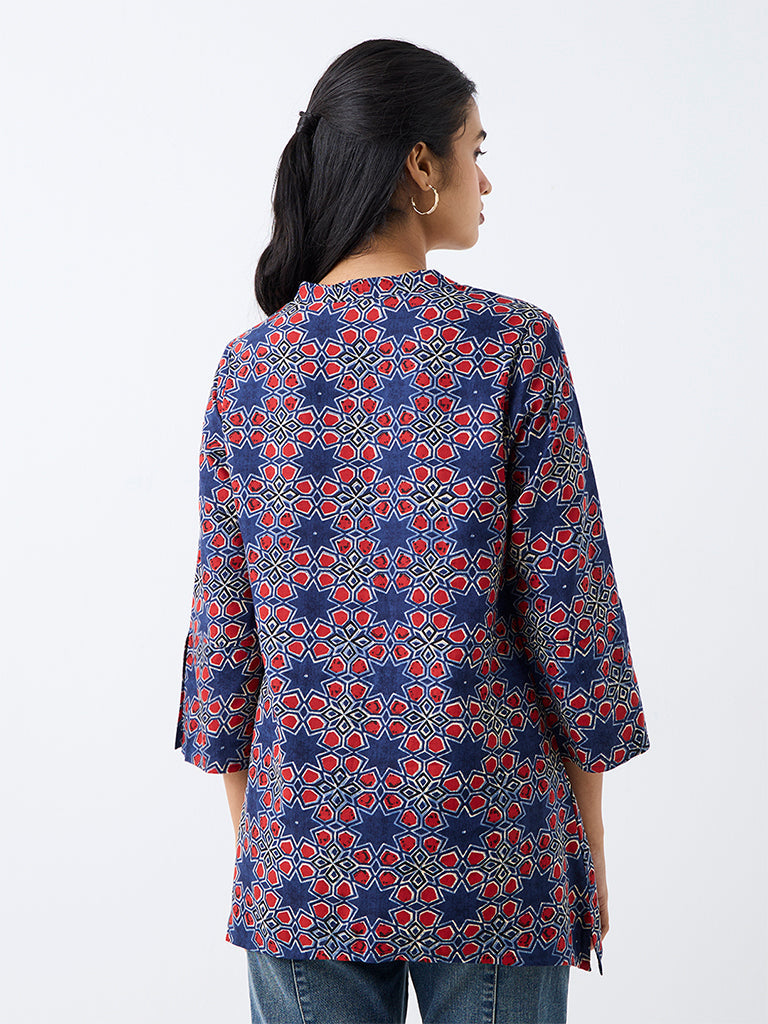 Utsa Dark Blue Printed Cotton-Blend Tunic