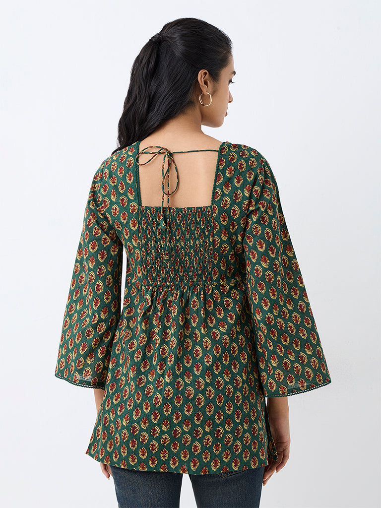 Utsa Dark Green Foliage Printed Cotton Kurti