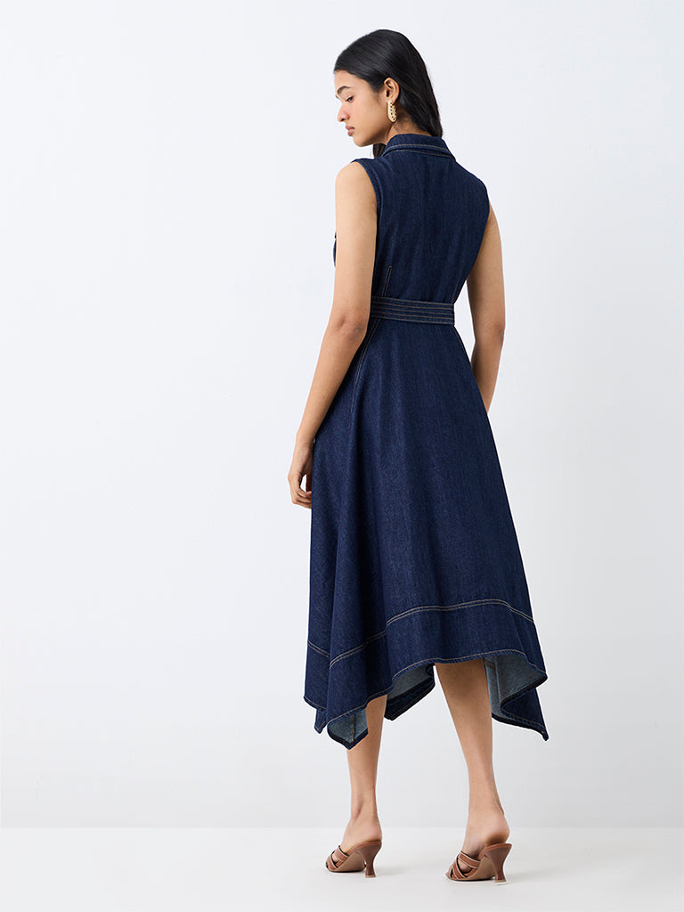 LOV Dark Blue Asymmetrical Denim Dress with Belt