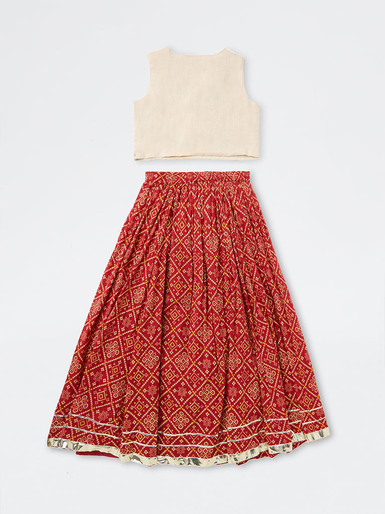 Utsa Kids Girls Off-White Floral Embroidered Cotton Jacket with Flared Skirt Set ( 8-14 yrs)