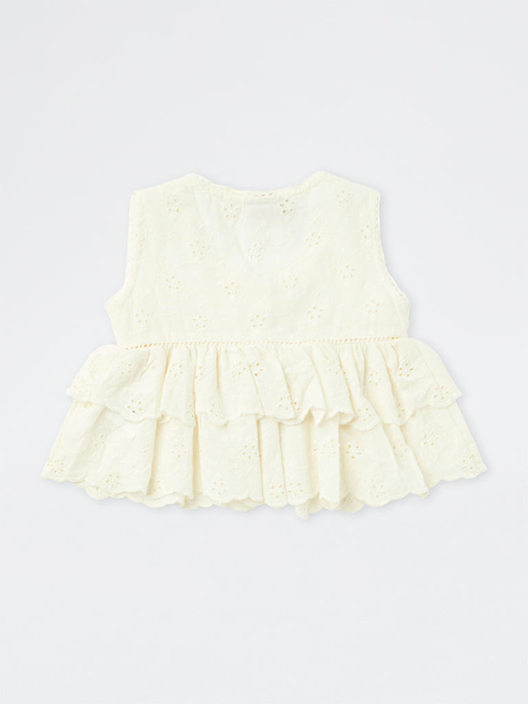 Utsa Kids Girls Off-White Schiffli Embroidered Cotton Peplum Top - (2-8 yrs)
