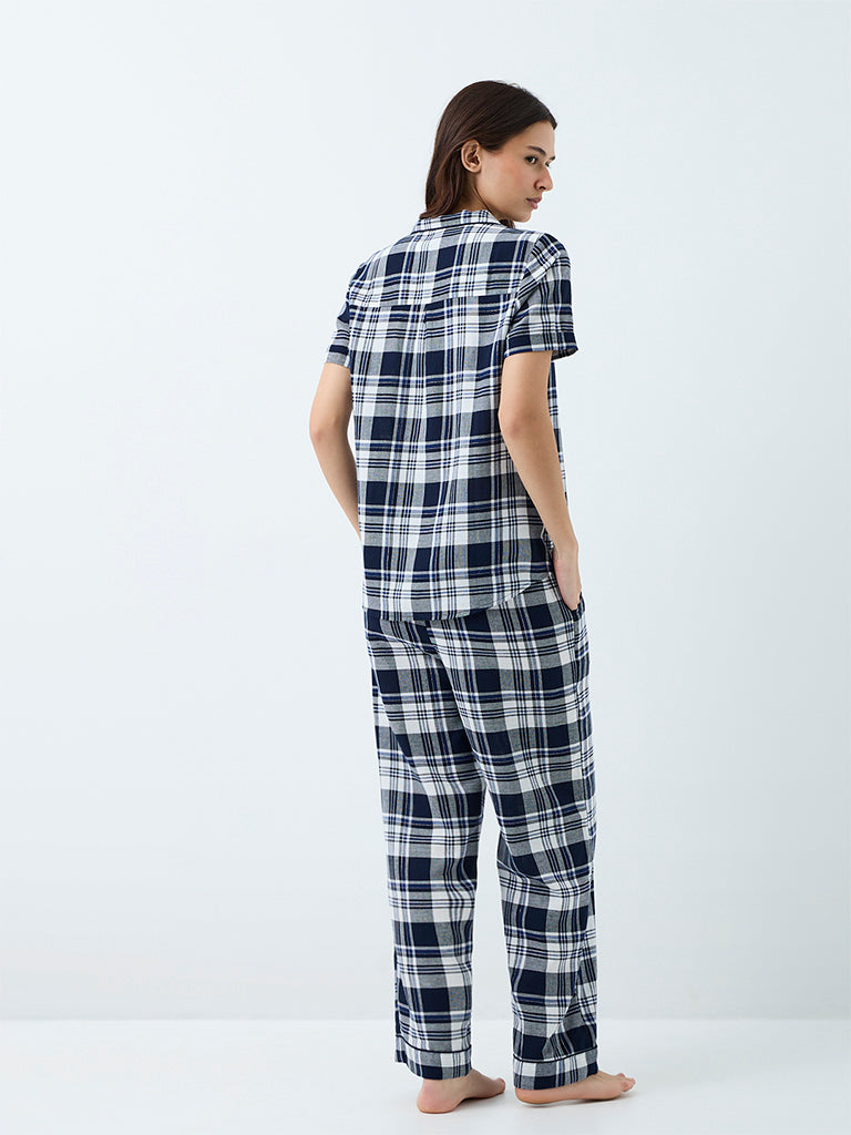 Wunderlove Navy Plaid Checkered Cotton Shirt and Pants Set