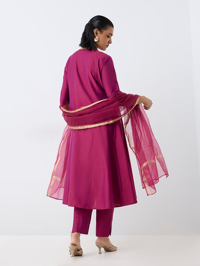 Vark Magenta Floral Embroidered A-Line Ethnic Set