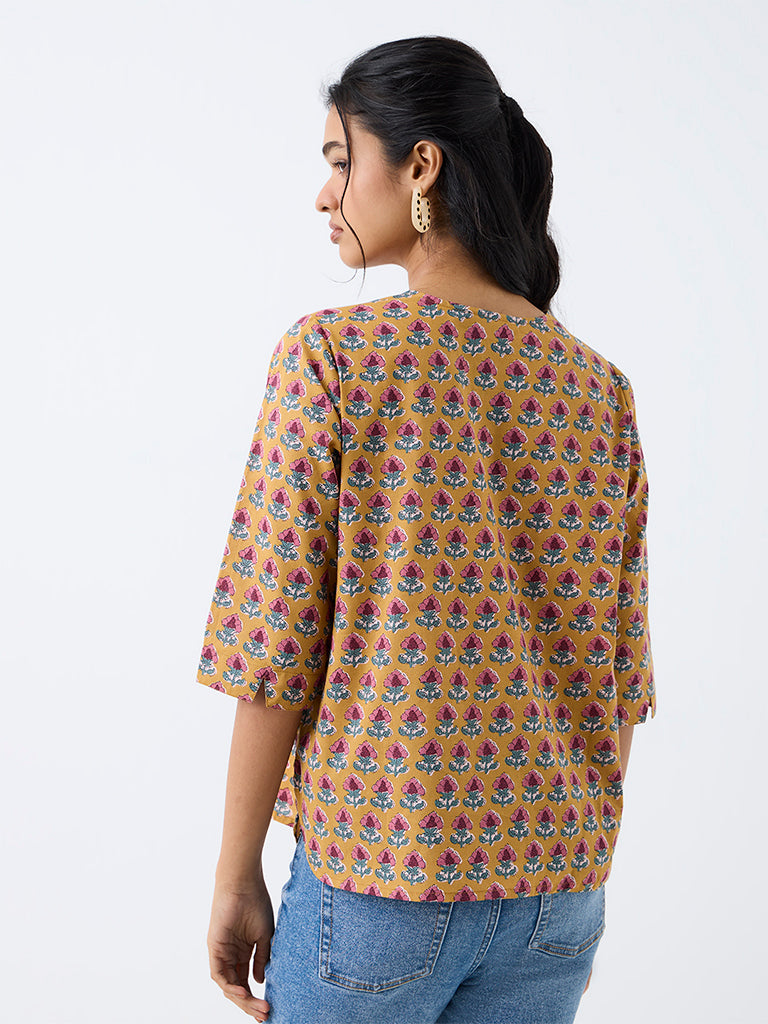Utsa Mustard Floral Printed Cotton Tunic