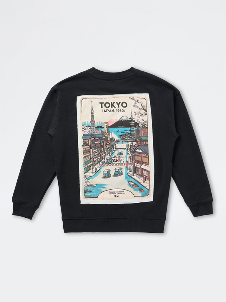 Boys Black Patchwork Design Cotton-Blend Sweatshirt