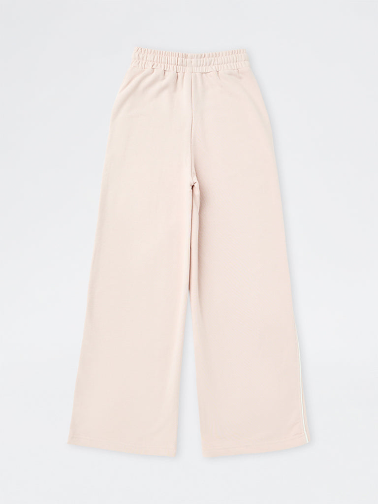 Girls Light Pink Contrast-Piping High-Rise Cotton-Blend Trackpants