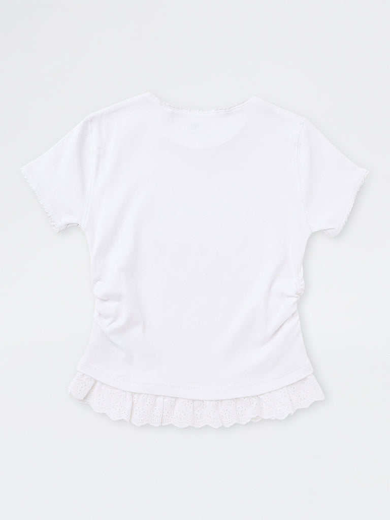 Girls White Text Embroidered Cotton-Blend Top