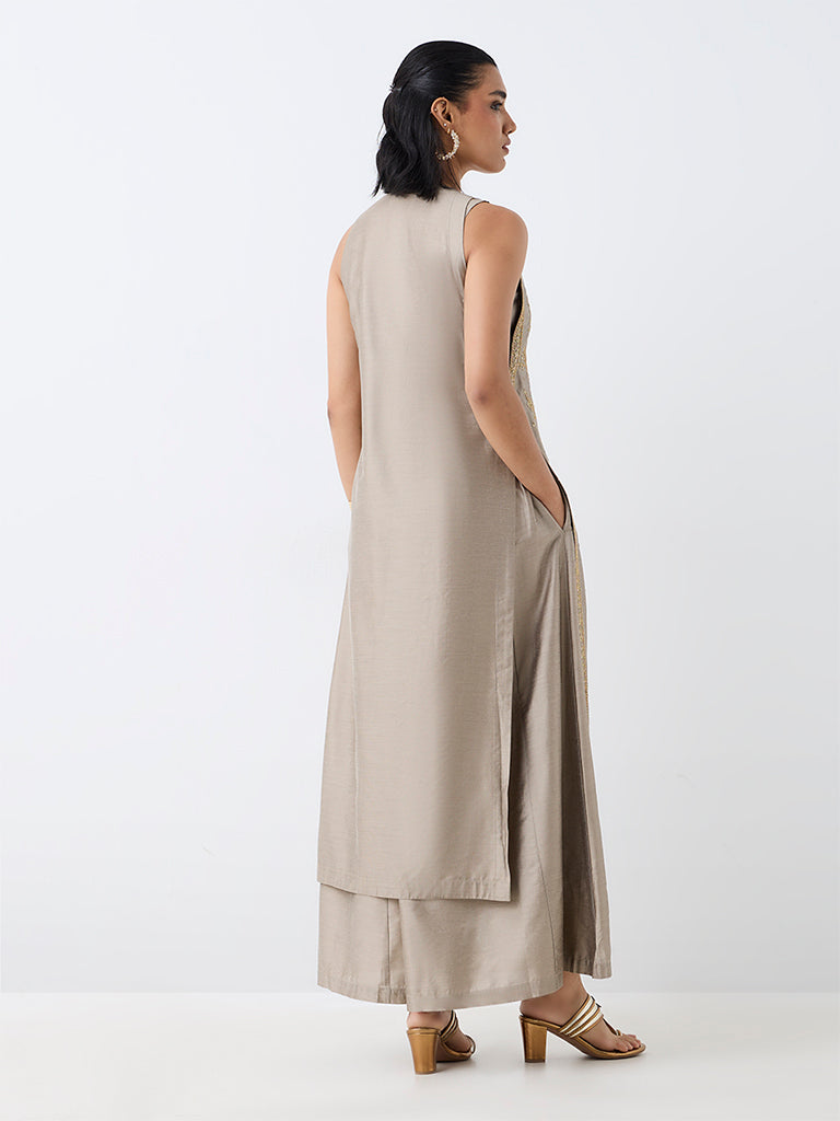 Vark Grey Nature-Inspired A-Line Kurta with Flared Palazzos Set