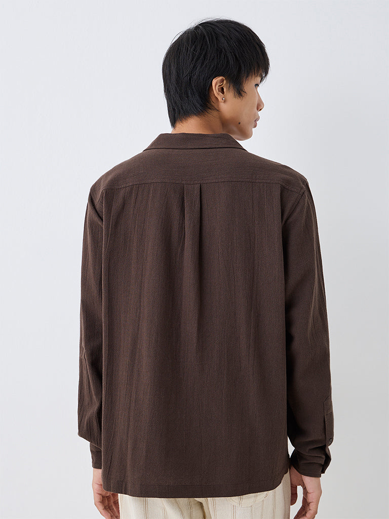 ETA Dark Brown Floral Embroidered Relaxed-Fit Cotton Shirt