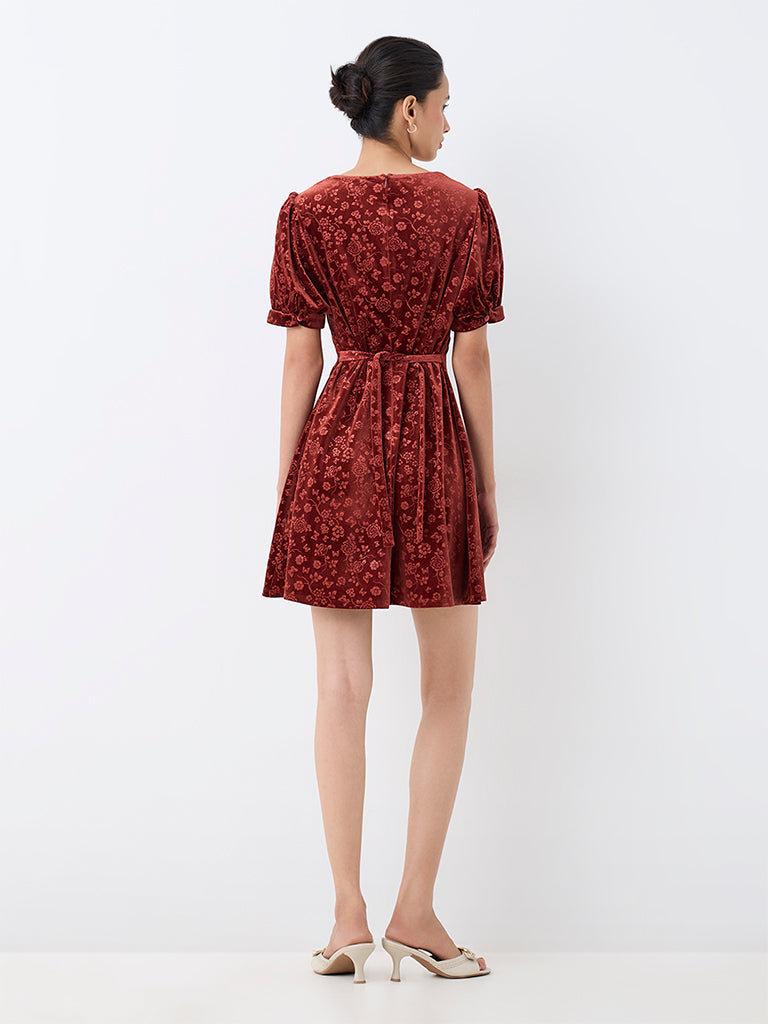 LOV Dark Rust Floral Jacquard A-Line Velour Dress