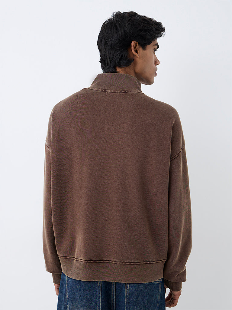 Nuon Dark Brown Quarter-Zip Oversized Cotton Sweatshirt
