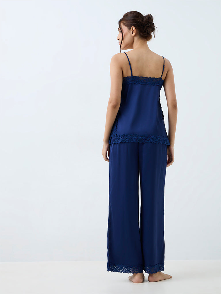 Wunderlove Navy Lace-Detail Satin Camisole and Pyjama Sets
