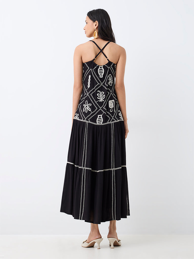 LOV Black Embroidered Drop-Waist Cotton Dress