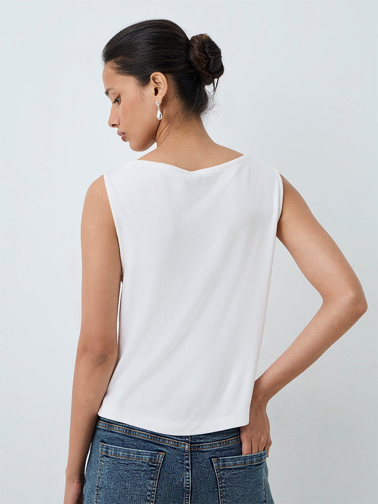 LOV White Embellished Ribbed Cotton-Blend Top