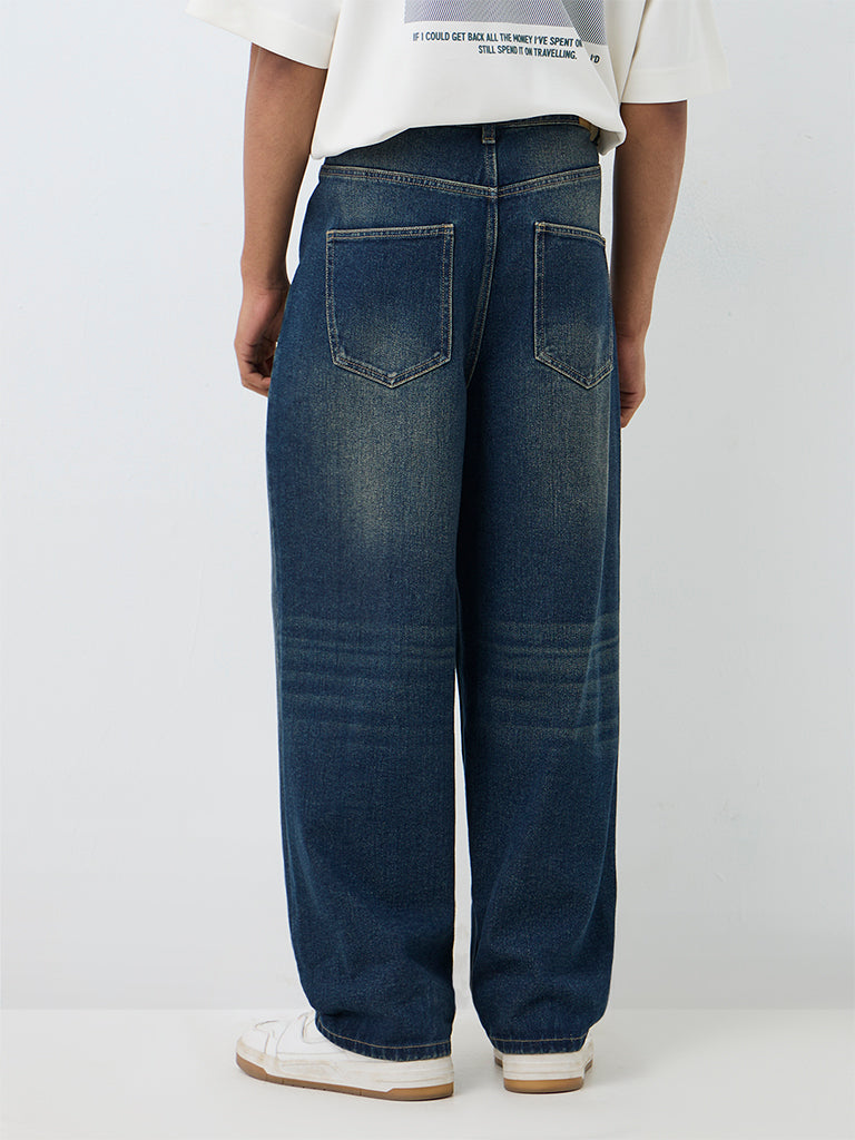 Nuon Dark Blue Faded Relaxed-Fit Mid-Rise Jeans