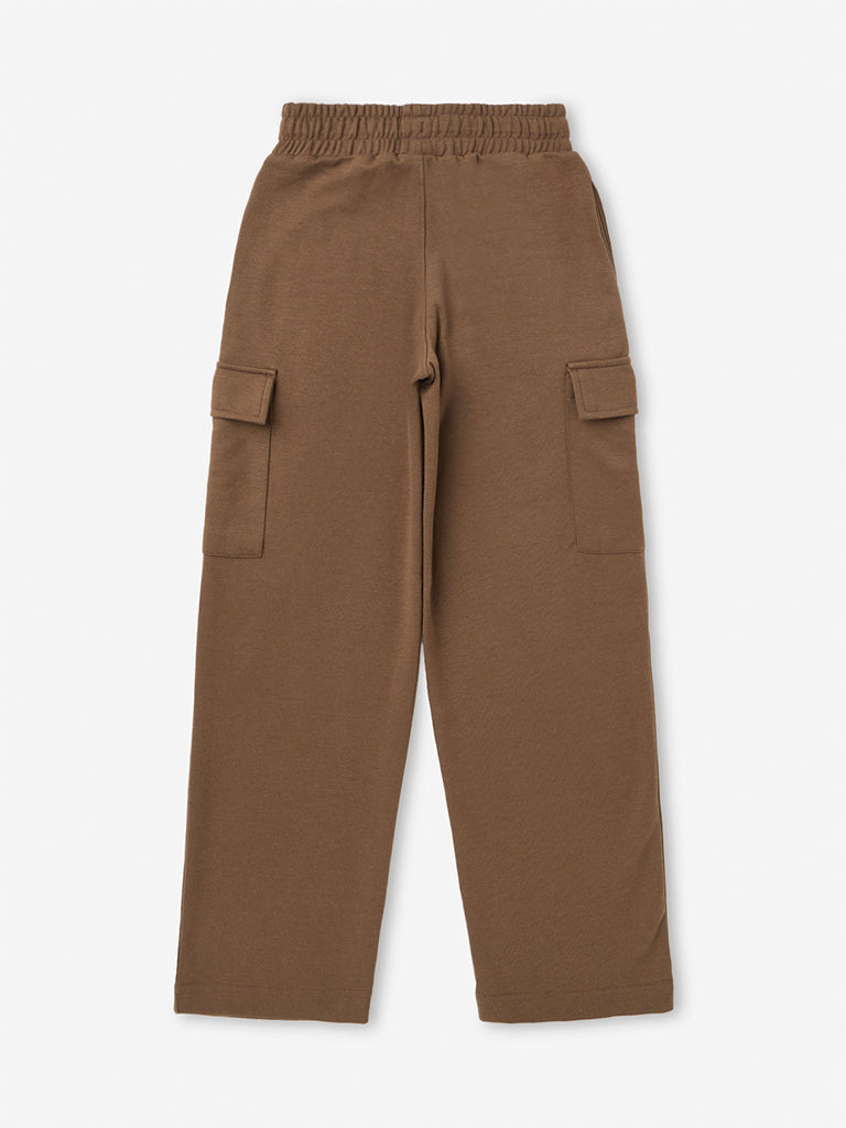 Boys Brown Cargo-Style Mid-Rise Cotton Trackpants