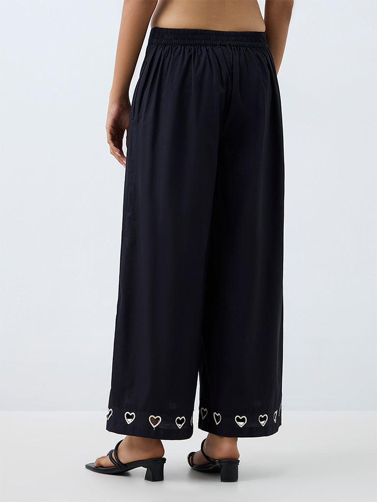 Utsa Black Heart Design Cotton Palazzos