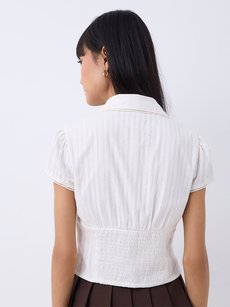 Nuon Off-White Self-Striped Tie-Up Detail Blouse