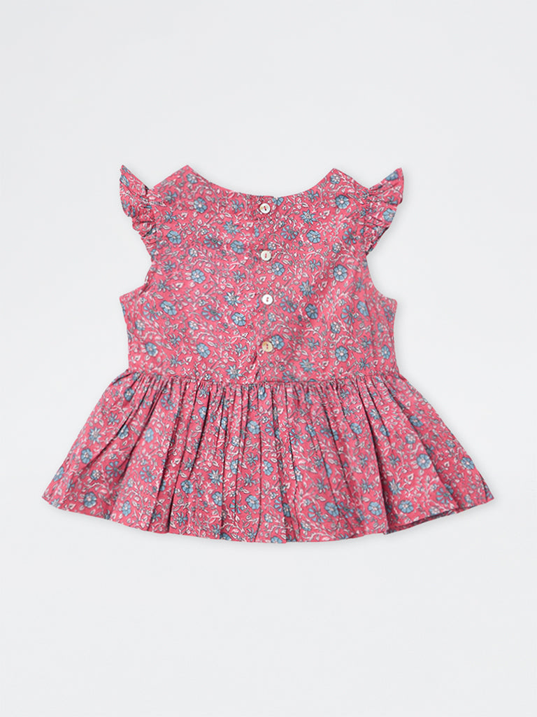 Utsa Kids Girls Dusty Pink Floral Printed Cotton Peplum Top - (8-14 yrs)