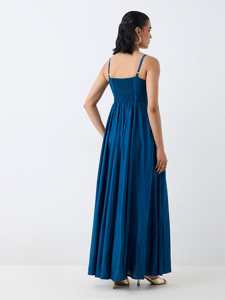 Vark Navy Floral Embroidered Fit-and-Flare Dress