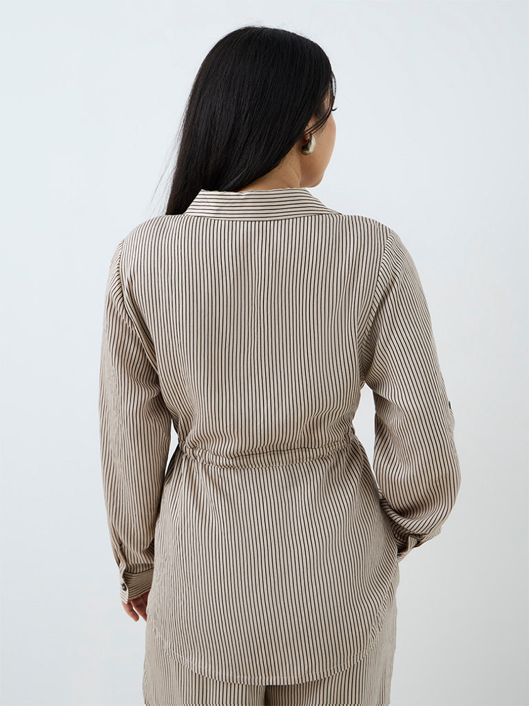 Gia Light Taupe Striped Drawstring-Detail Blouse