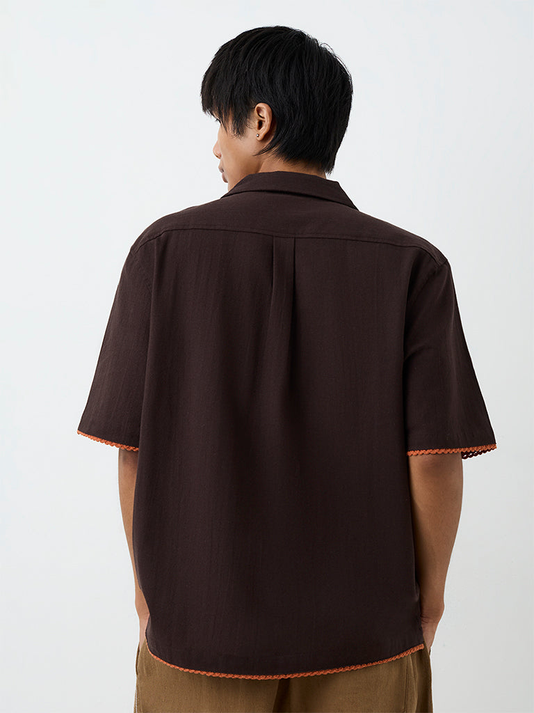ETA Dark Brown Crochet Detailed Relaxed-Fit Cotton Shirt