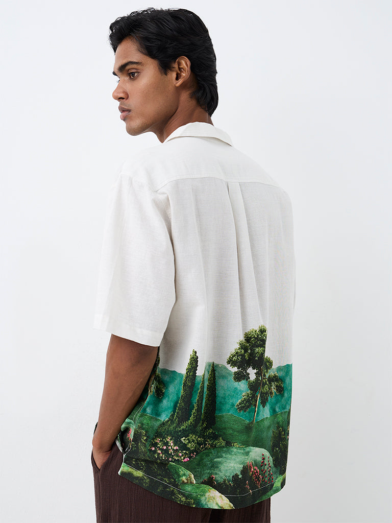 ETA White Foliage Printed Relaxed-Fit Cotton-Blend Shirt