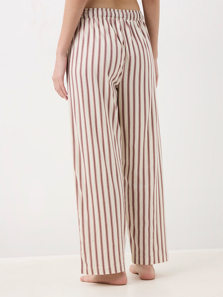 Wunderlove Light Beige Striped High-Waist Cotton Pants