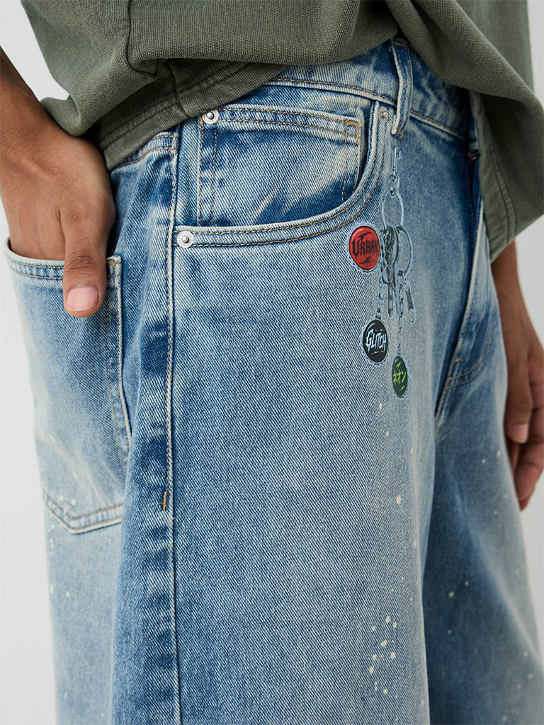 Nuon Light Blue Washed Baggy-Fit Mid-Rise Denim Jorts
