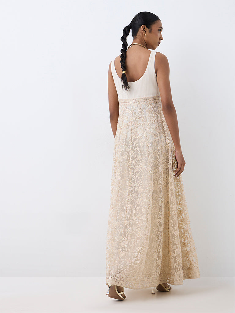 Vark Ivory Floral Embroidered Mesh Empire A-Line Dress
