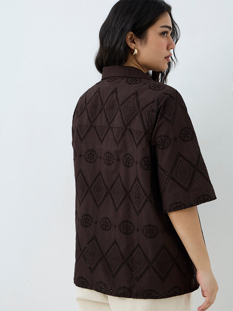 Gia Dark Brown Geometric Embroidered Blouse