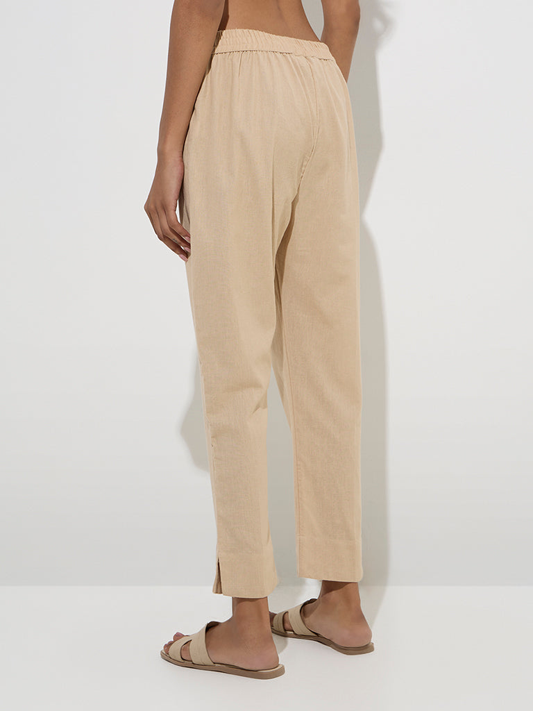 Utsa Beige Solid Cotton Ethnic Pants 