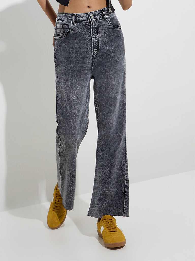Nuon Grey Washed Straight-Fit High-Rise Jeans