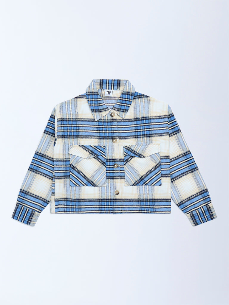 Y&F Kids Girls Blue Check Design Shacket