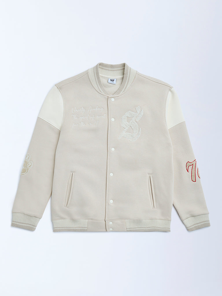 Y&F Kids Boys Beige Animal Printed Cotton-Blend Varsity Jacket